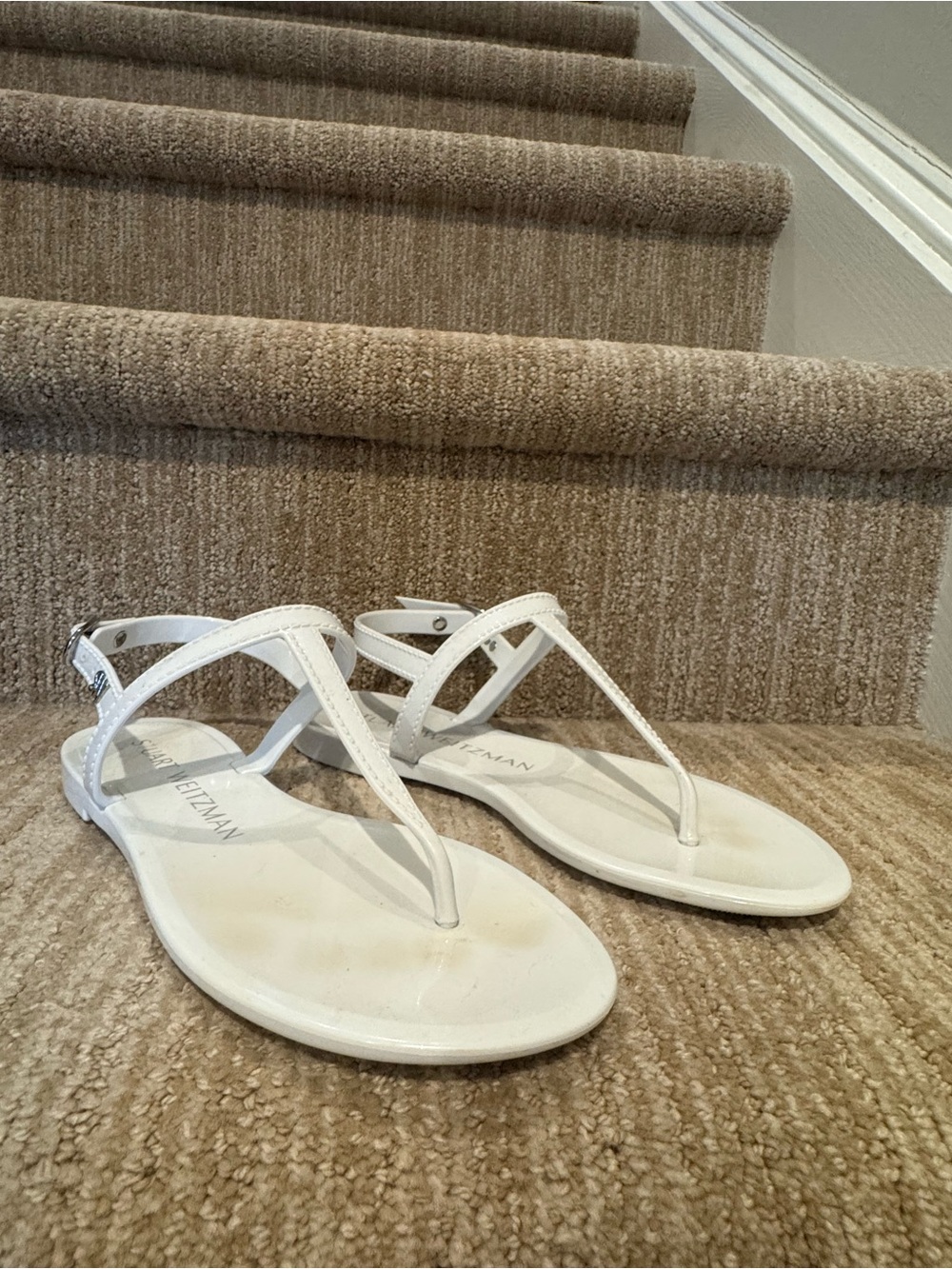 Stuart Weitzman White Leather T-Strap Sandals